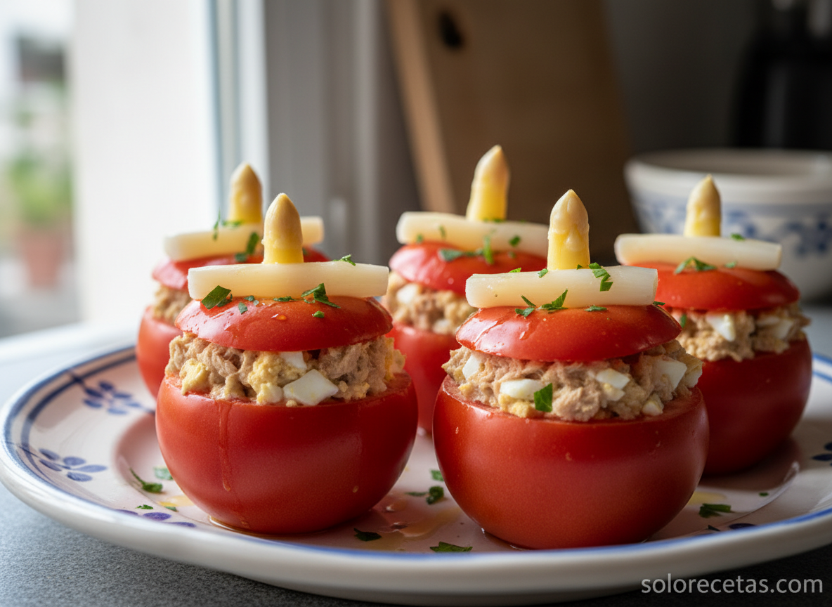Tomates rellenos montados con espárragos y perejil listos para enfriar