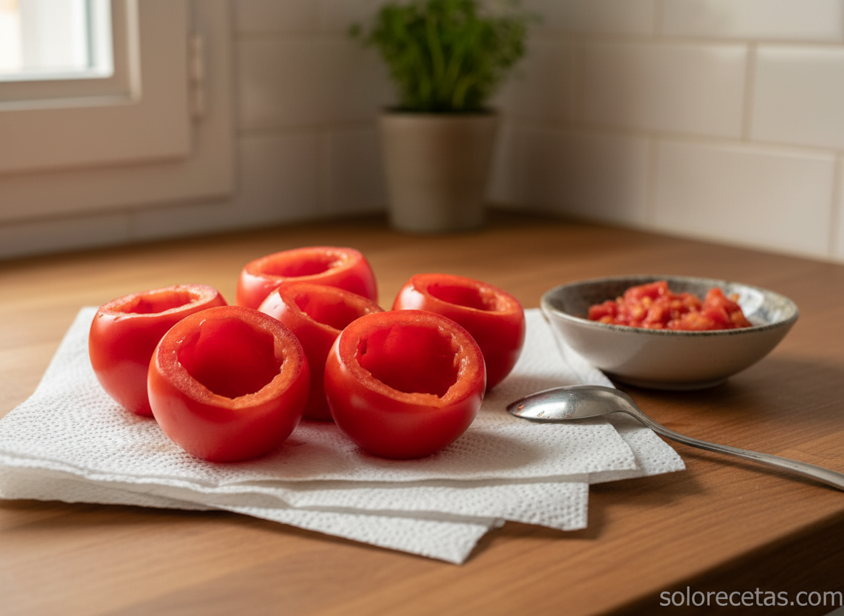 Tomates vaciados escurriendo boca abajo sobre papel de cocina