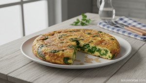 Tortilla de cebolla y espinacas recién cocinada en plato blanco