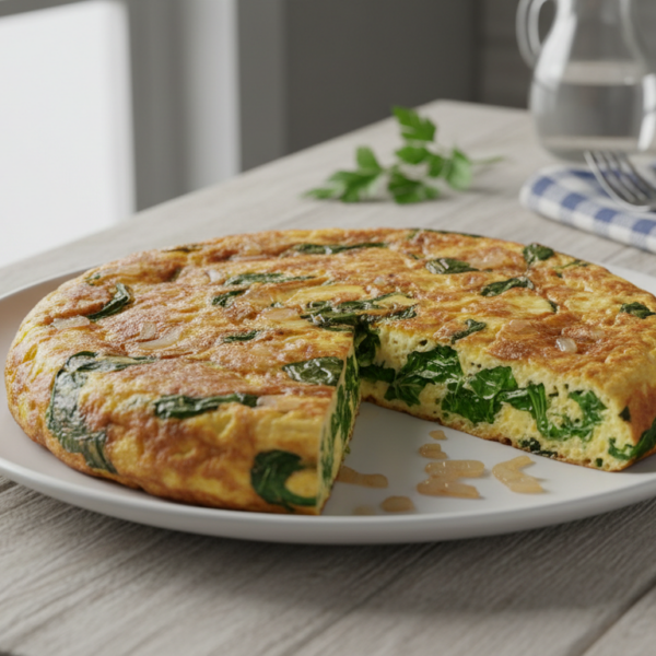 Tortilla de cebolla y espinacas recién cocinada en plato blanco