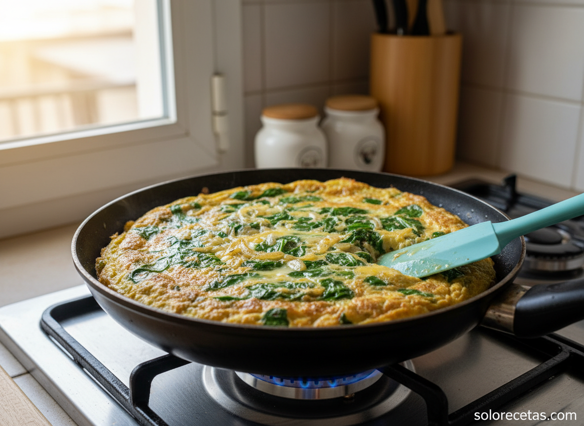 Tortilla de cebolla y espinacas: receta jugosa paso a paso 4 Tortilla de cebolla y espinacas cuajando en sartén