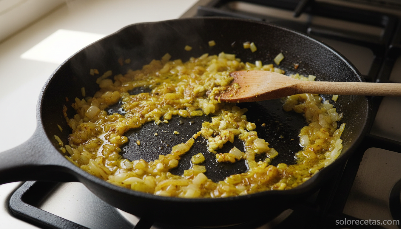 Cebolla pochada con curry y comino tostándose en sartén para la salsa hindú