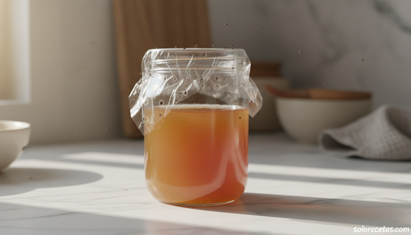 Trampa casera de vinagre de manzana para atrapar moscas en la cocina