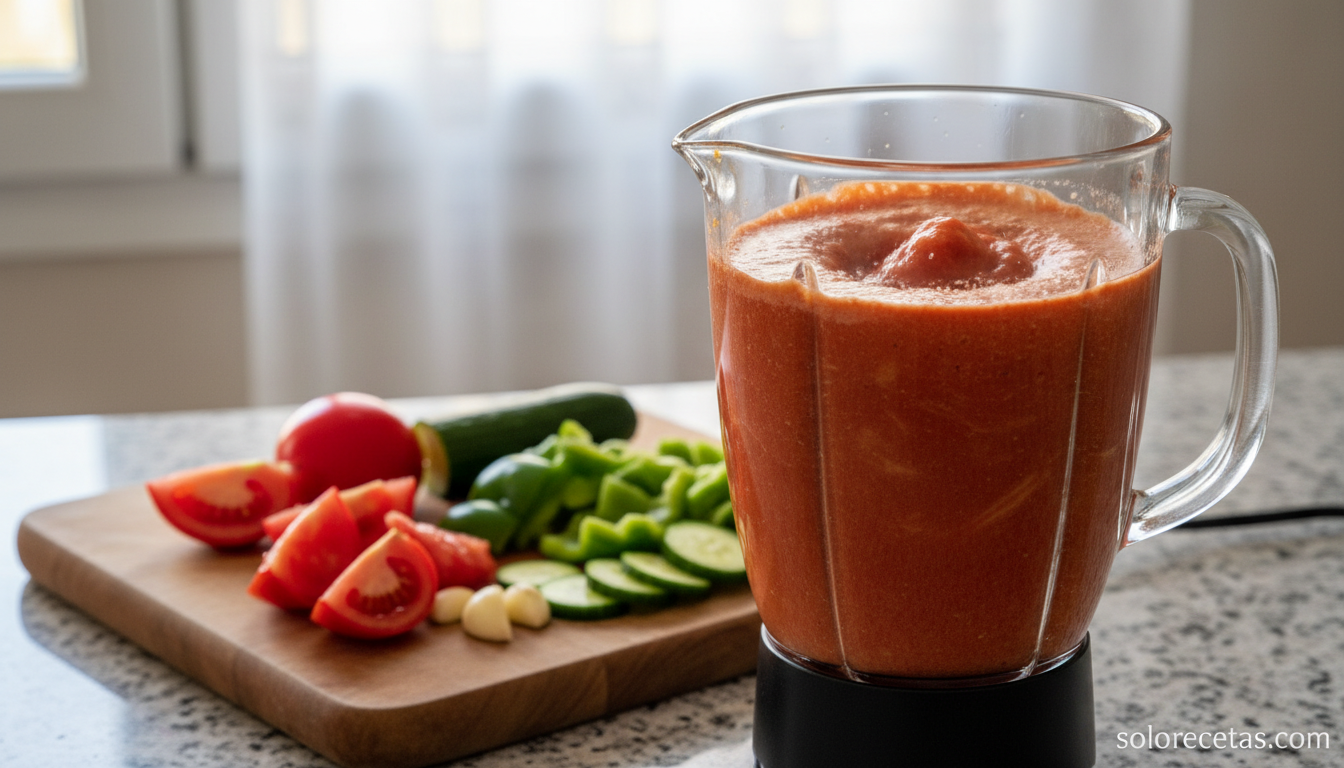 Gazpacho andaluz triturándose en batidora hasta obtener una crema homogénea