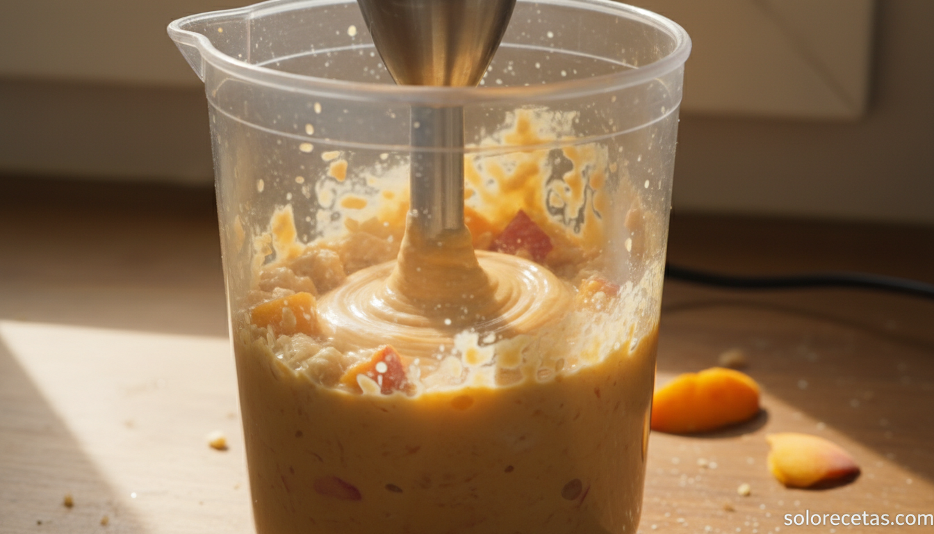 Papilla de pollo con melocotón: receta suave para bebés desde los 8 meses 3 Triturando pollo, melocotón y arroz con batídora hasta obtener puré cremoso