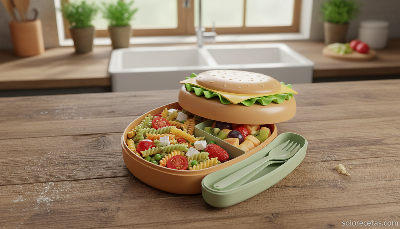 Tupper hamburguesa abierto con compartimentos para comida y cubiertos