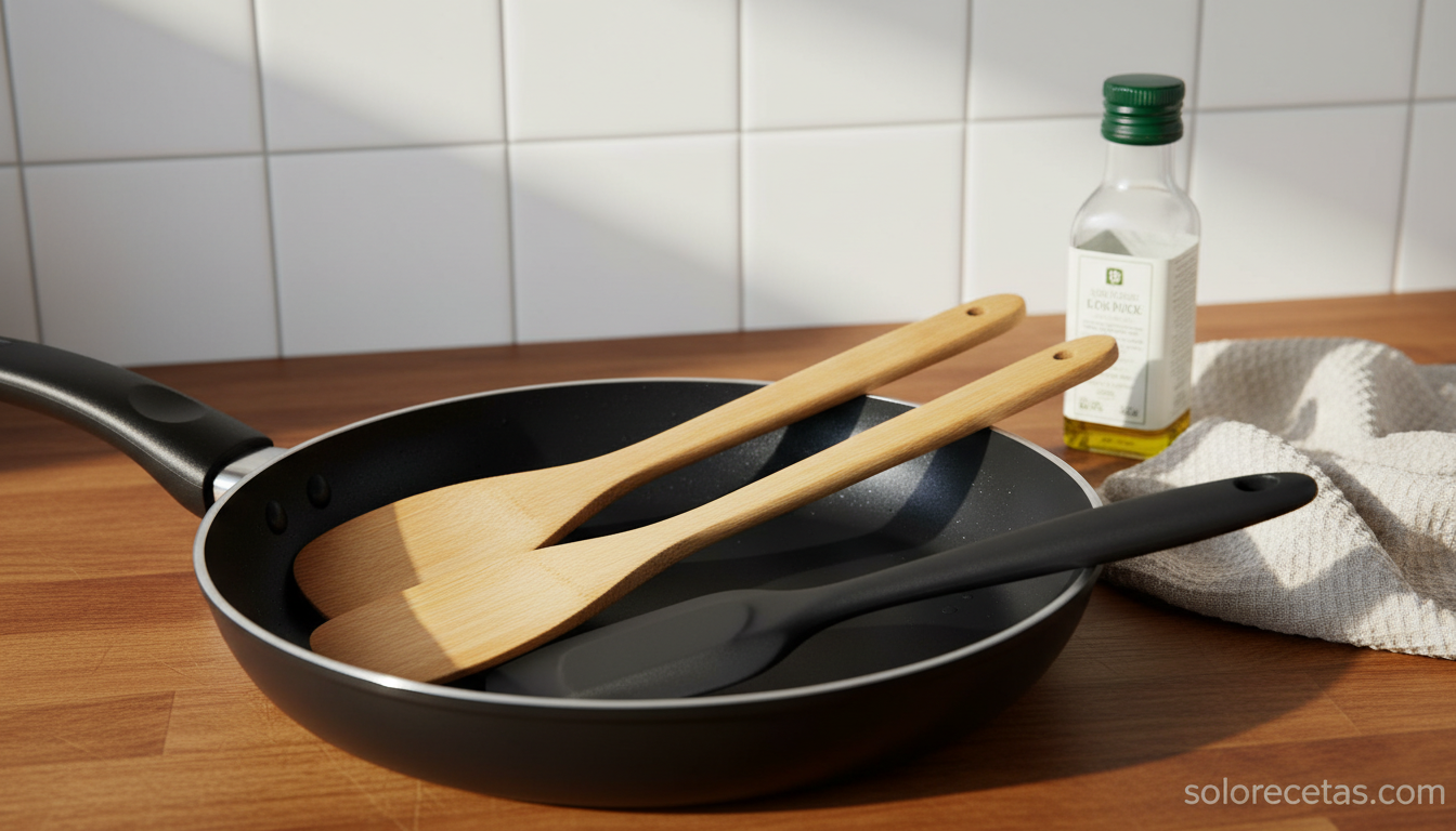 Espátulas de madera y silicona junto a una sartén antiadherente