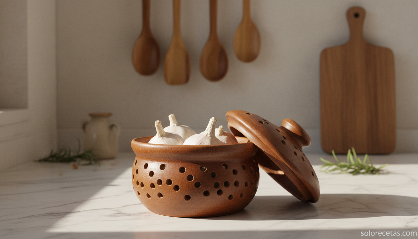 Vasija de barro con agujeros de ventilación para conservar ajos