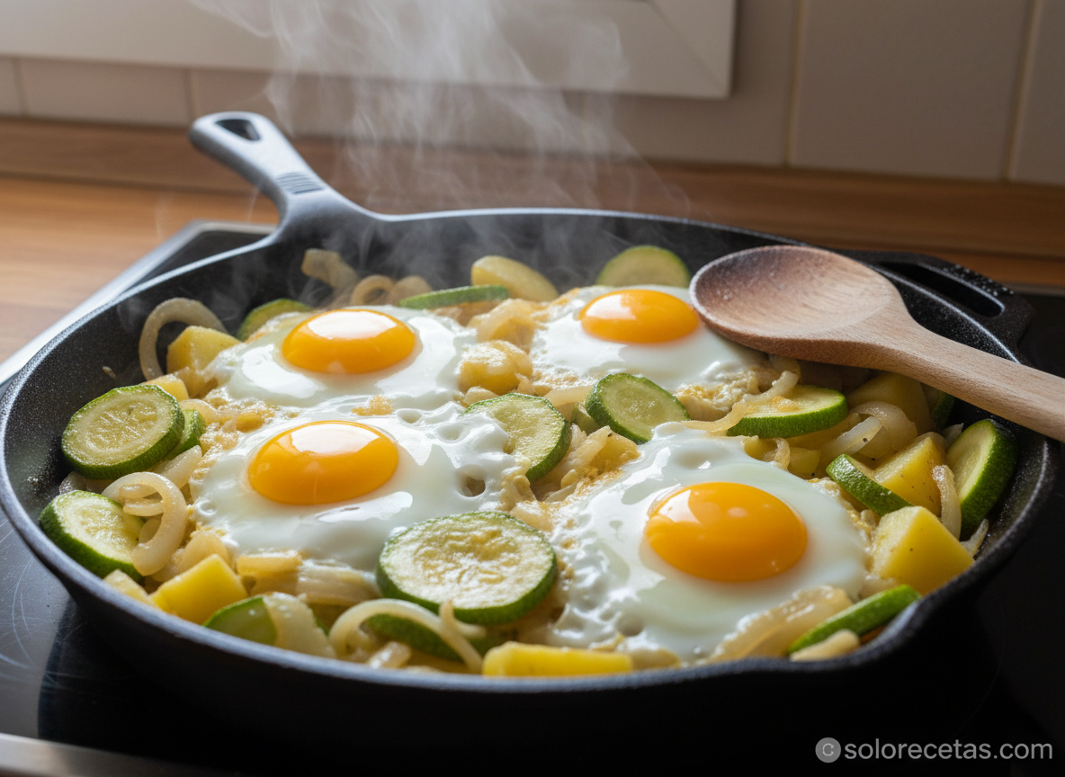 Huevos cuajando entre la verdura del zarangollo en sarten de hierro