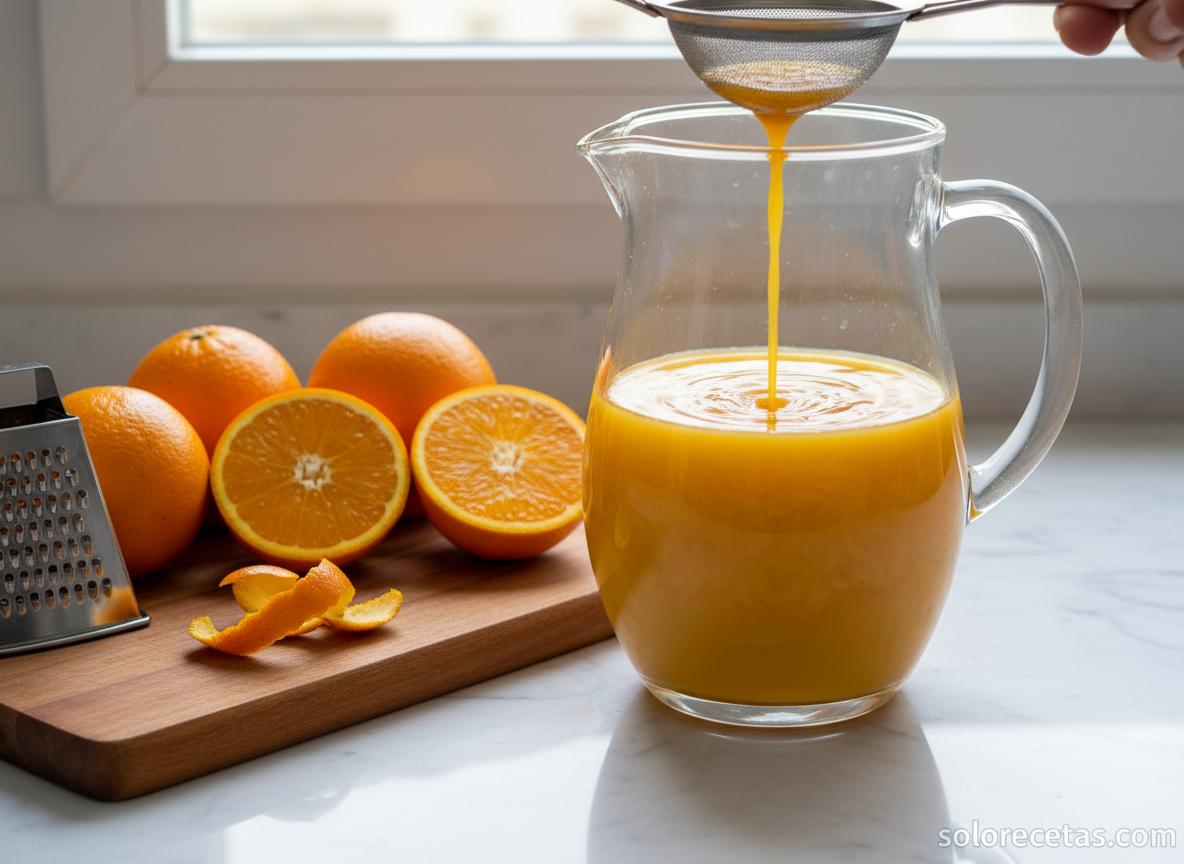 Mezcla de zumo de naranja con almíbar de azafrán colado