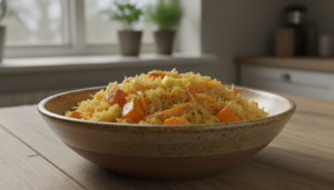 Arroz con zanahoria y calabaza rallada en cuenco de cerámica