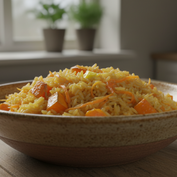 Arroz con zanahoria y calabaza rallada en cuenco de cerámica