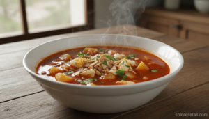 Sopa de patata casera con pimentón, almendras y huevo cocido en bol blanco