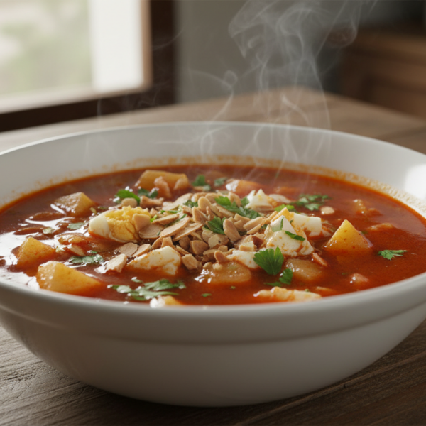Sopa de patata casera con pimentón, almendras y huevo cocido en bol blanco