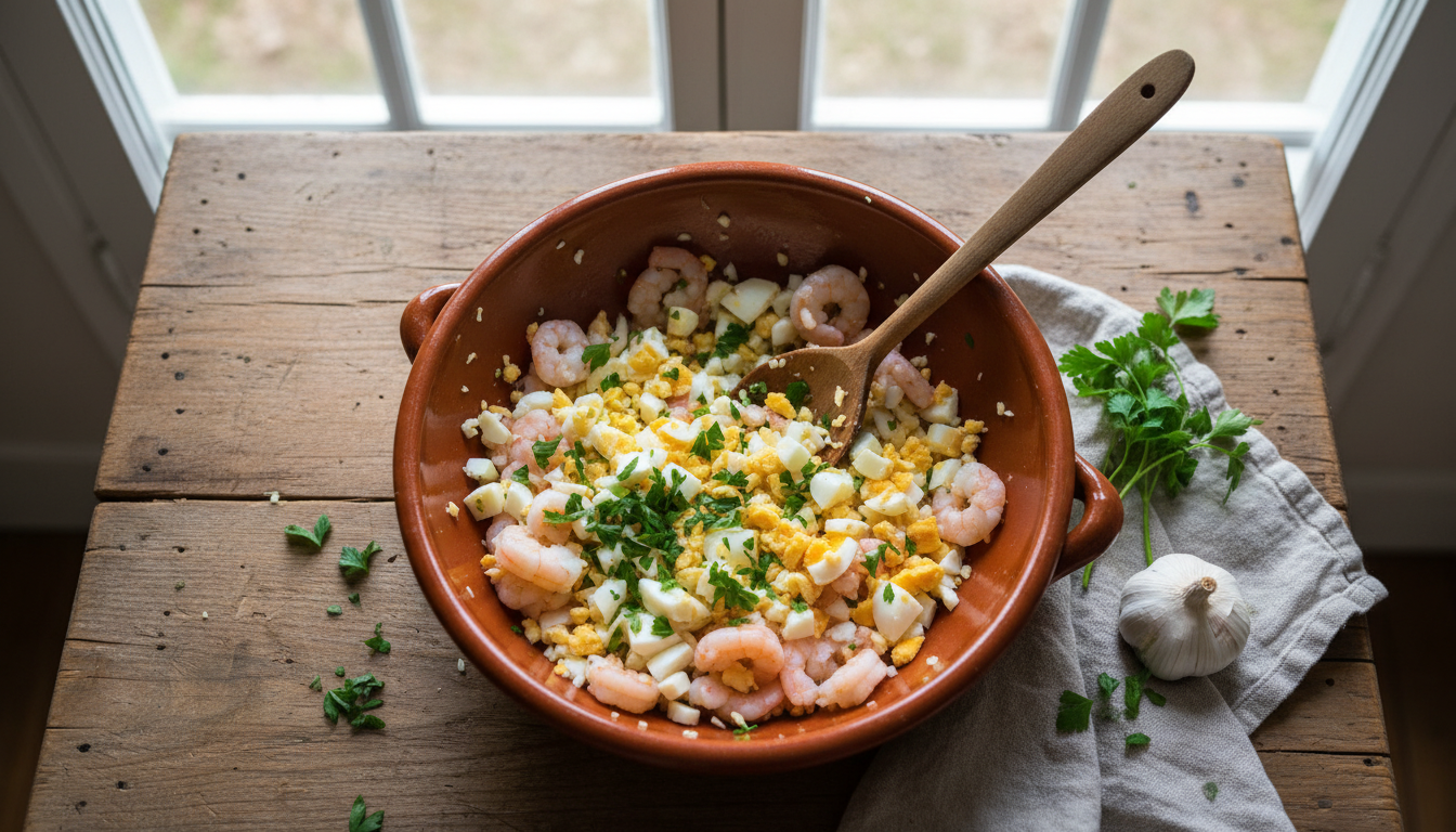 Picadillo de gambas cocidas, huevo duro y perejil para el lenguado