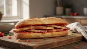 Bocadillo a la española con panceta a la plancha y tomate