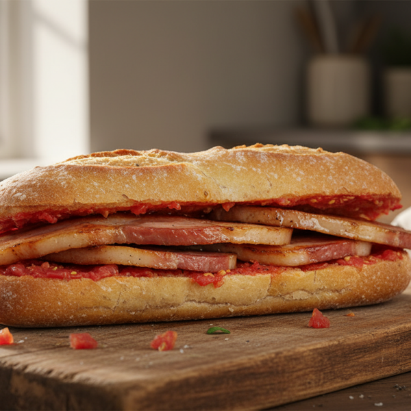 Bocadillo a la española con panceta a la plancha y tomate