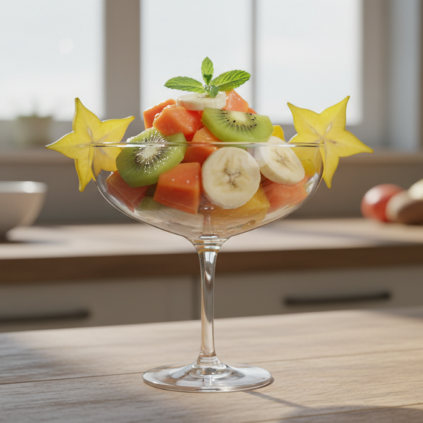 Copa de macedonia tropical con kiwi, papaya, plátano y estrella de carambola