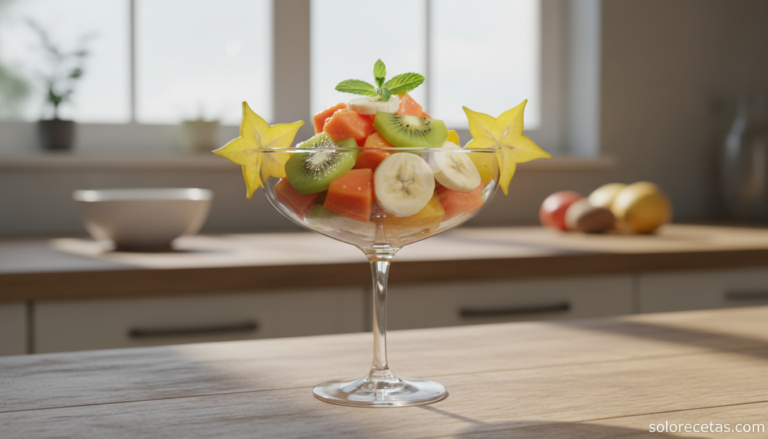 Copa de macedonia tropical con kiwi, papaya, plátano y estrella de carambola