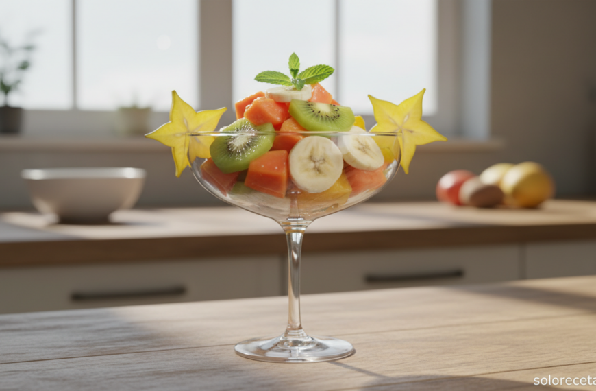 Copa de macedonia tropical con kiwi, papaya, plátano y estrella de carambola