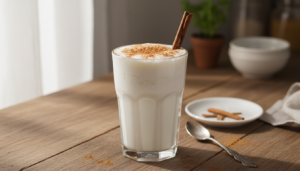 Leche merengada casera con canela en vaso alto