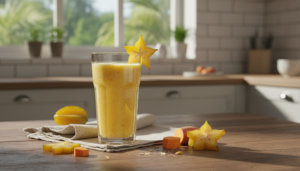 A glass of star fruit carambola sweet potato oat tropical drink, golden yellow color, garnished with a star fruit slice on...