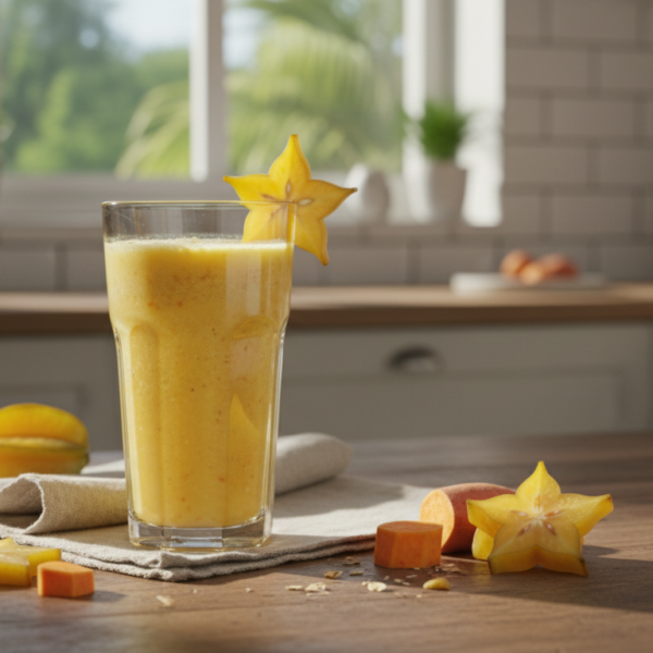 A glass of star fruit carambola sweet potato oat tropical drink, golden yellow color, garnished with a star fruit slice on...