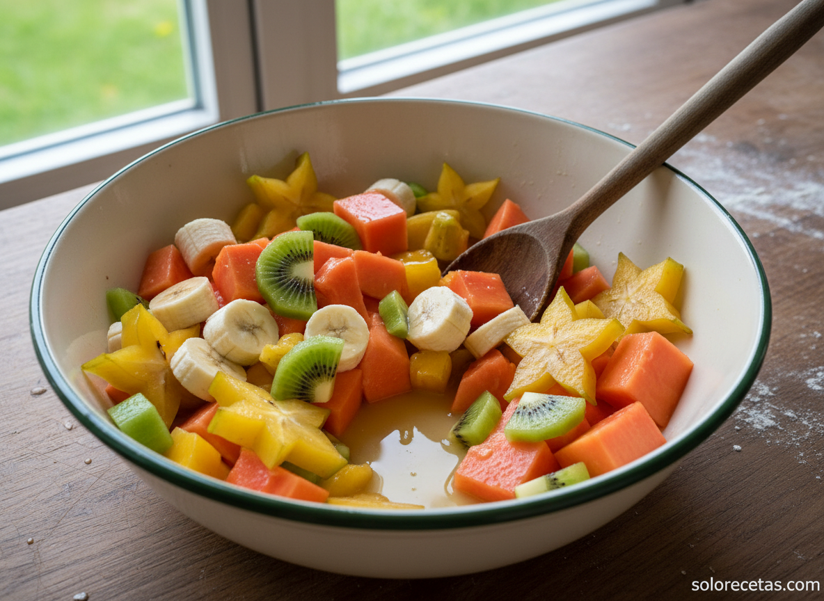 Bol con frutas tropicales mezcladas y zumo cítrico para macerar