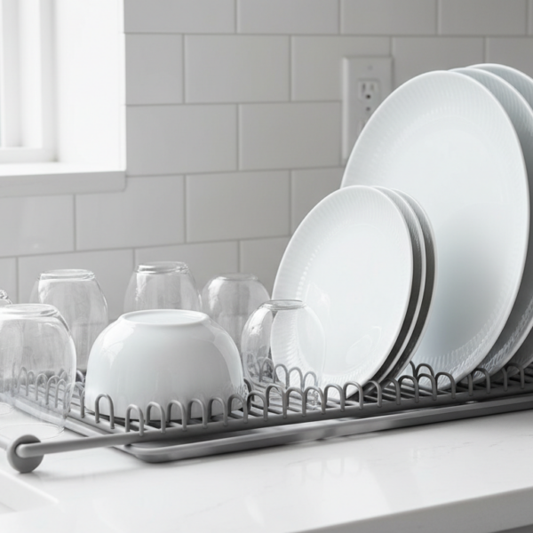 Escurreplatos flexible y compacto sobre encimera de cocina