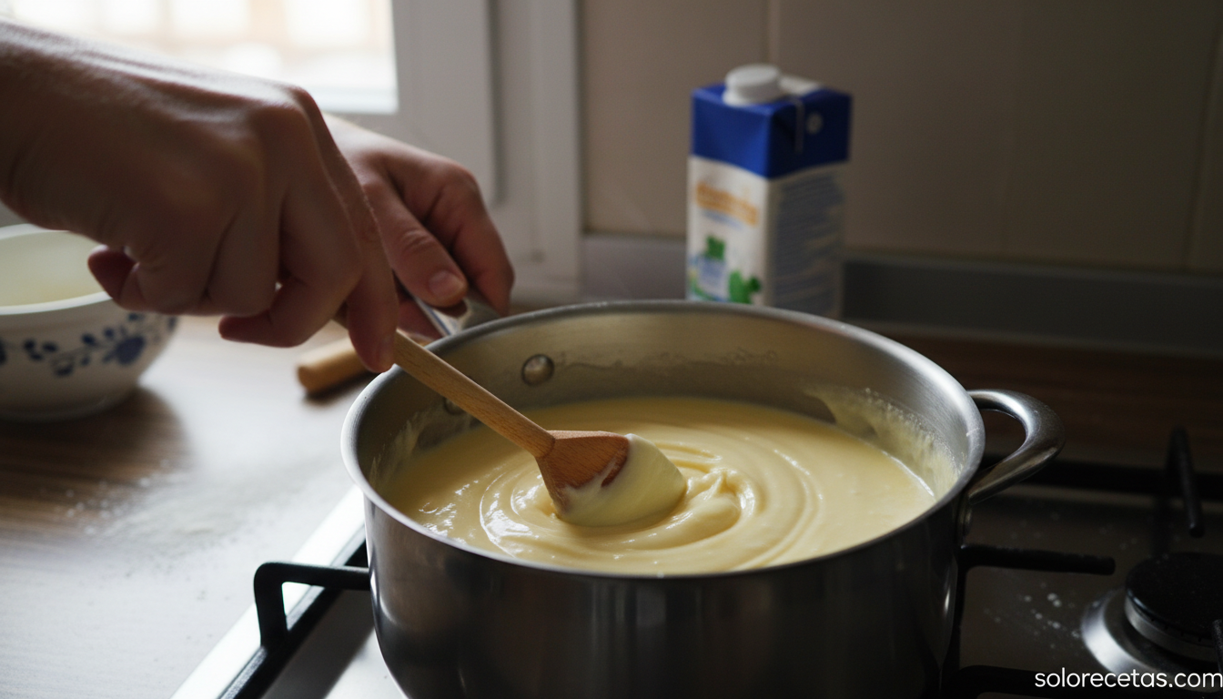 Leche frita casera: receta tradicional crujiente paso a paso 1 Cocinando la crema de leche frita en un cazo a fuego medio