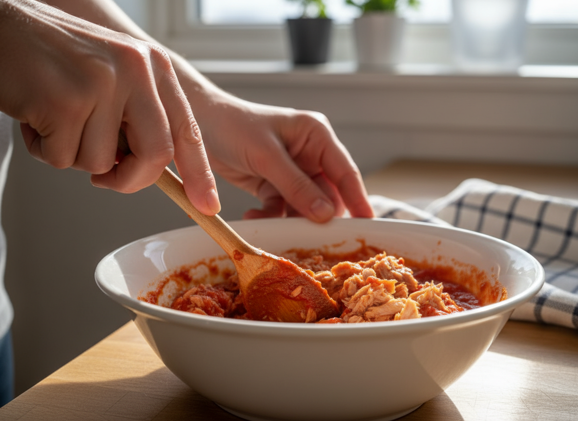 Mezclando el atún con tomate frito en un bol