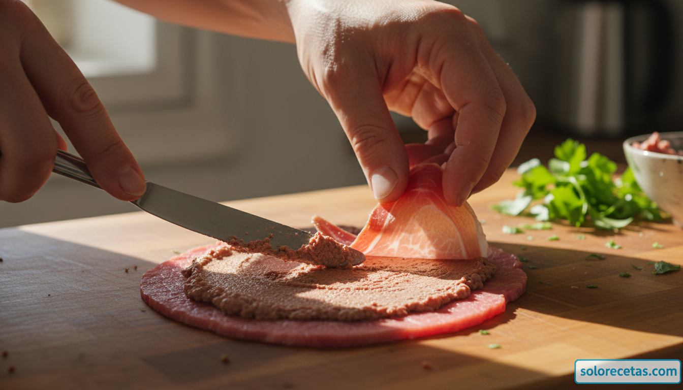 Untando paté en filete de solomillo y colocando jamón serrano encima