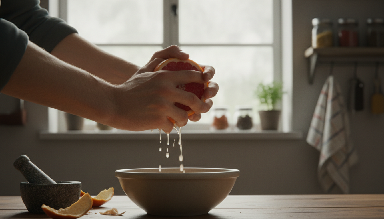 Salsa de pomelo con coñac y nata: lista en 2 minutos 1 Exprimir el zumo del pomelo para la salsa