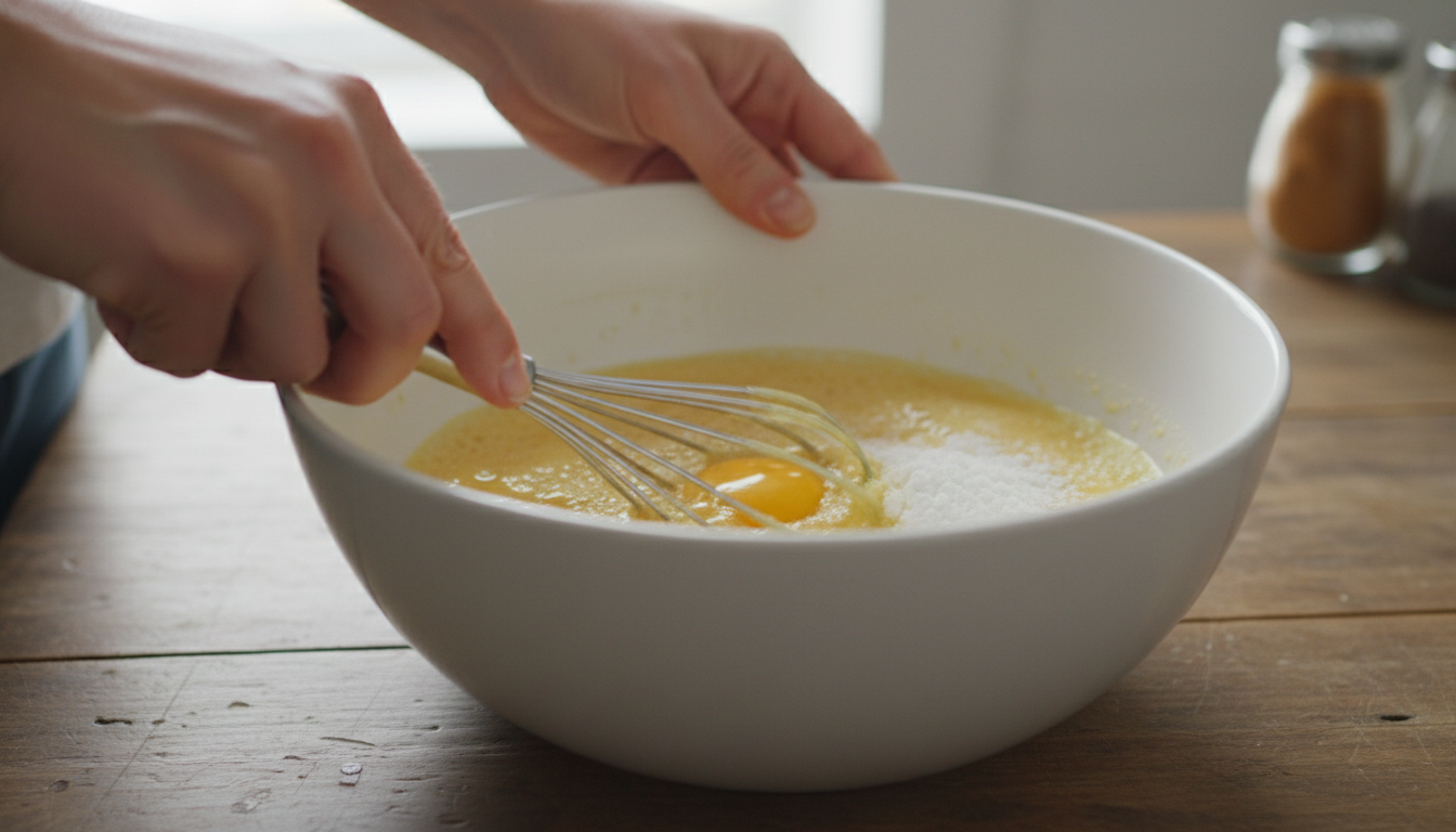 Batiendo huevos con azúcar y maizena en bol para la crema