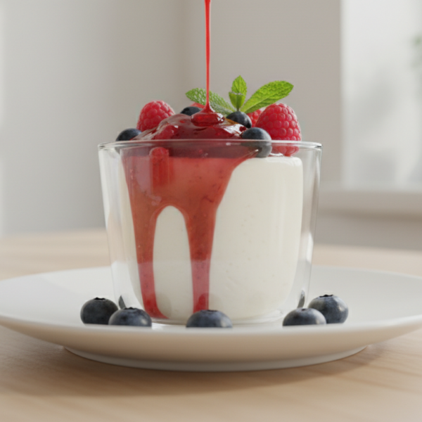 Panna cotta italiana en copa de cristal con coulis de frutos rojos