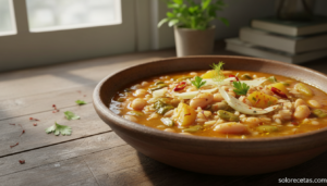 Guiso de alubias blancas con arroz, habas e hinojo en bol de cerámica