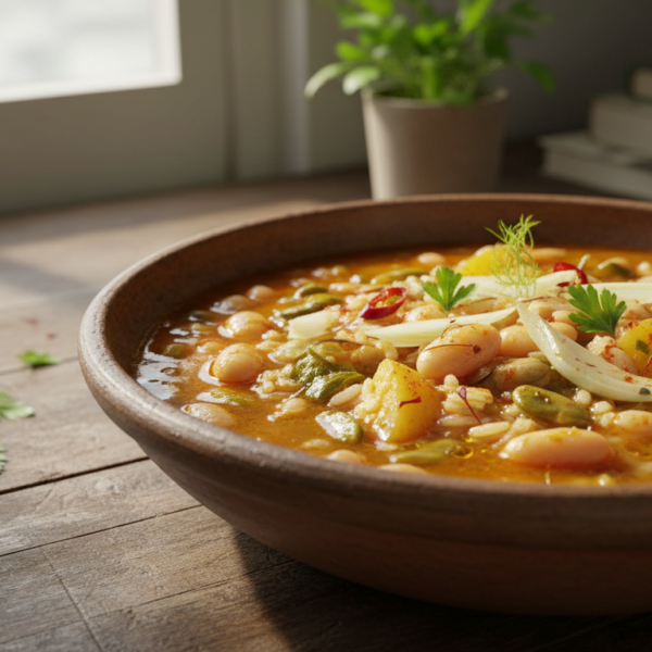 Guiso de alubias blancas con arroz, habas e hinojo en bol de cerámica
