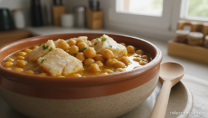 Garbanzos con bacalao en cazuela de barro con caldo de azafrán