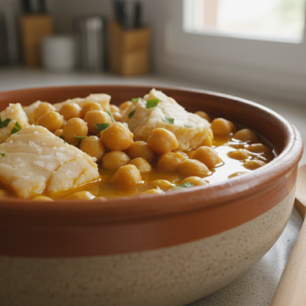 Garbanzos con bacalao en cazuela de barro con caldo de azafrán