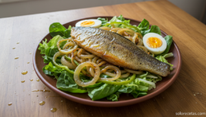 Ensalada de trucha templada con cebolla pochada y huevo duro servida en plato hondo