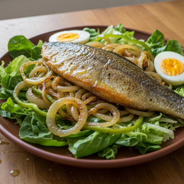Ensalada de trucha templada con cebolla pochada y huevo duro servida en plato hondo