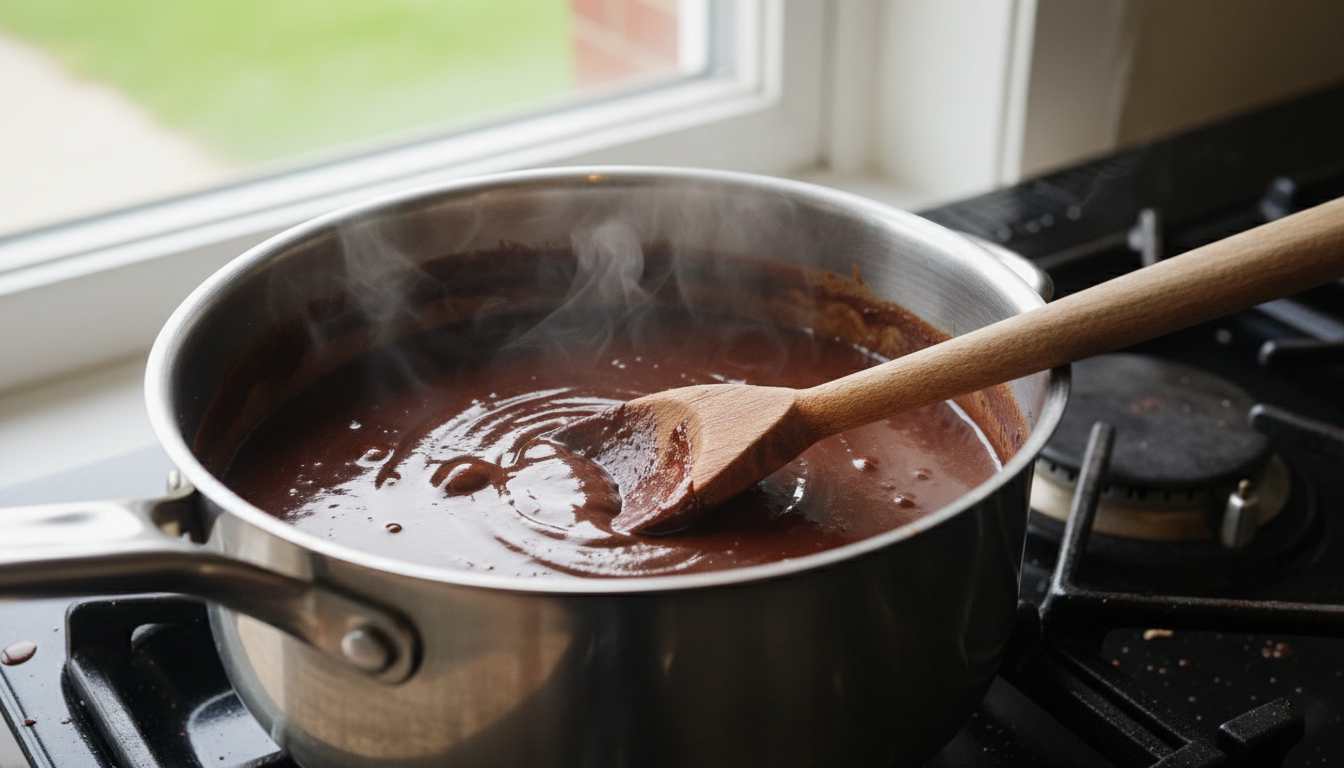 Salsa de cacao cocinando a fuego lento en un cazo
