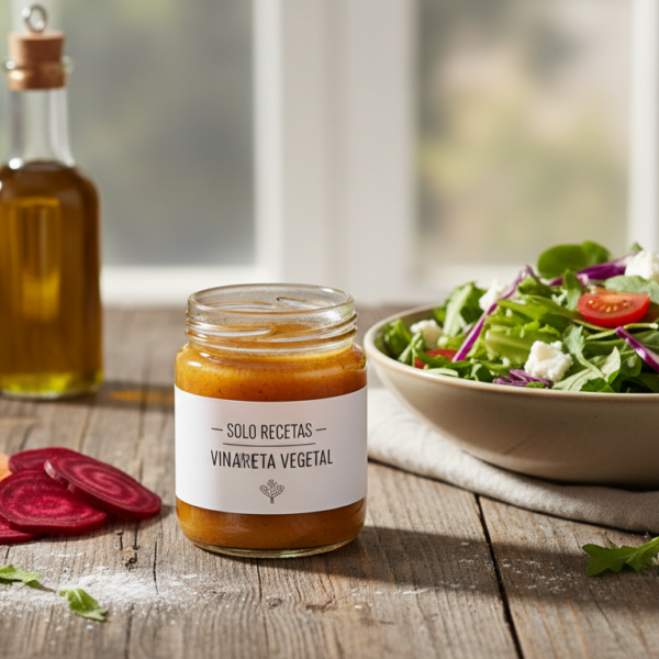 Vinagreta de jugo de hortalizas en tarro de cristal junto a ensalada fresca