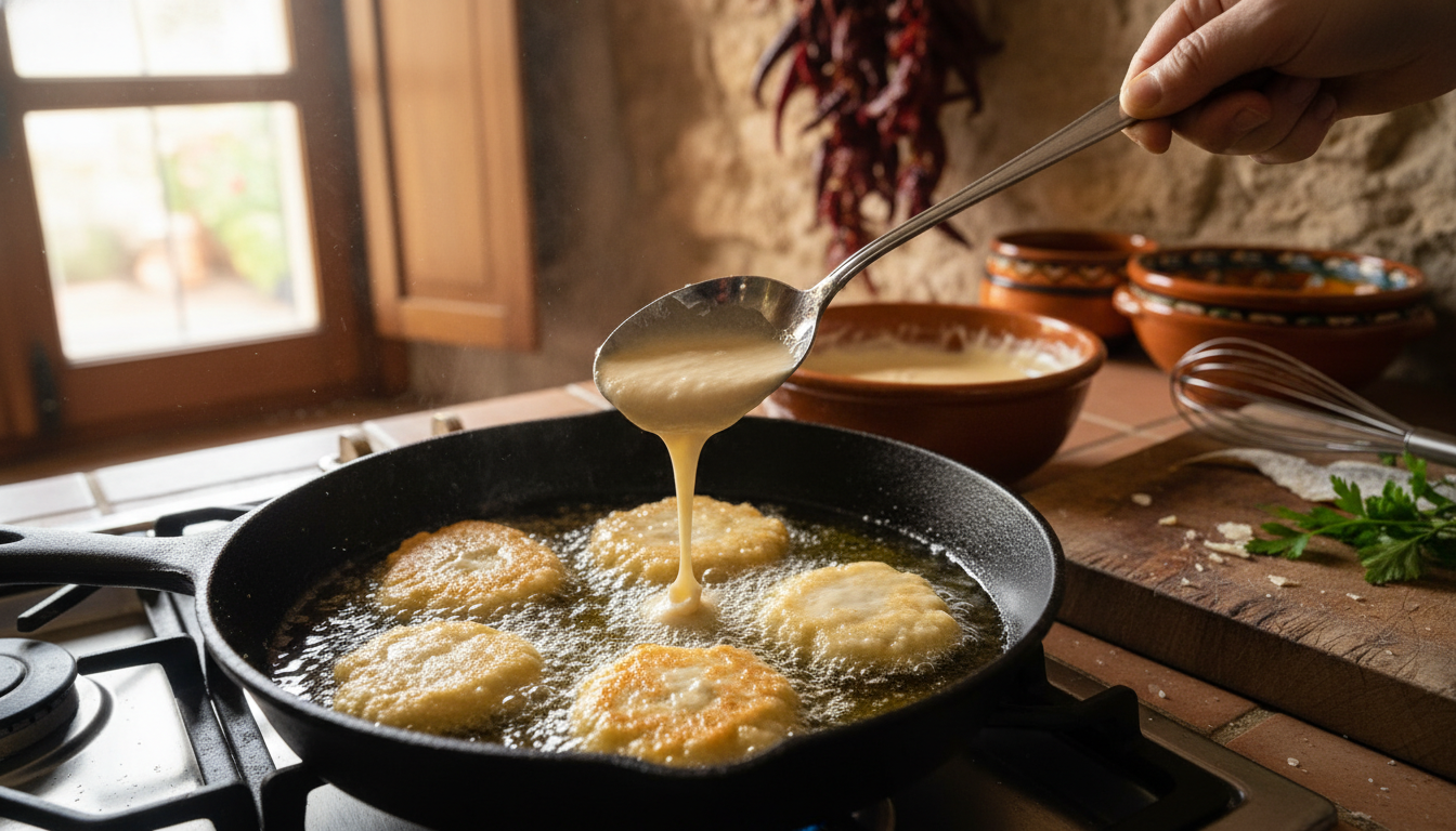 Friendo las tortillas de bacalao en aceite de oliva caliente