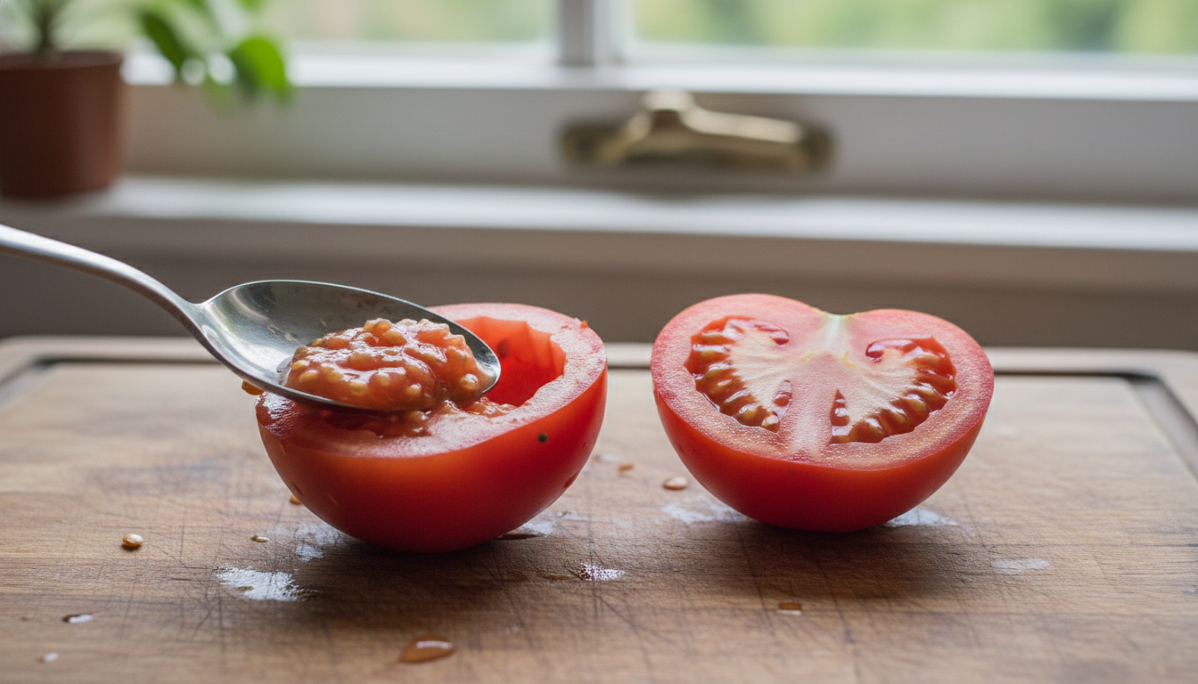 Tomates nevados gratinados con crema de parmesano 1 Vaciando el interior de un tomate para los tomates nevados