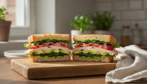 Sándwich de pavo y aguacate cortado por la mitad mostrando sus capas
