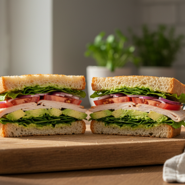 Sándwich de pavo y aguacate cortado por la mitad mostrando sus capas