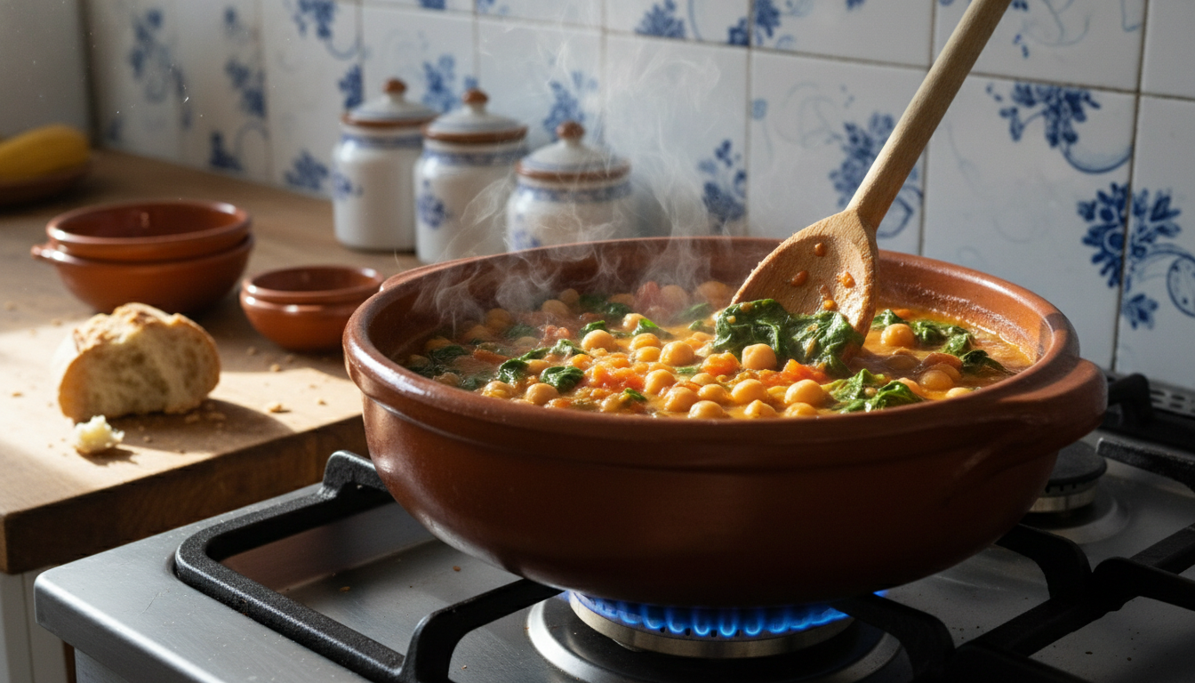 Removiendo el potaje de garbanzos y espinacas en la olla