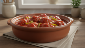 Albóndigas caseras en salsa de tomate con pimientos verdes en cazuela de barro