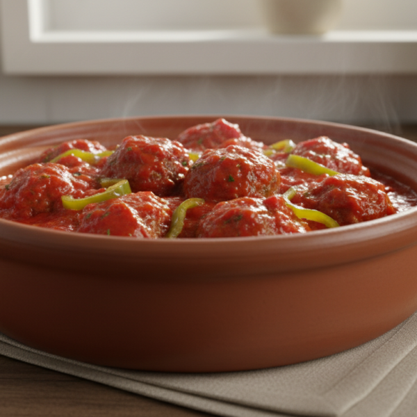 Albóndigas caseras en salsa de tomate con pimientos verdes en cazuela de barro